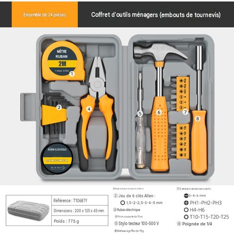 Kit de réparation jaune 24 pièces [embouts de tournevis], quincaillerie, clé hexagonale, tournevis, pince, coffret d'outils, kit de quincaillerie multifonctionnel (1/3)