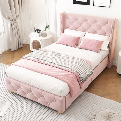 Bettgestell 90x200 cm rosa aus Samt mit Kopfteil, Knopfsteppung und Nietenverzierung (1/5)