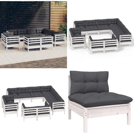 11-tlg. Garten-Lounge-Set mit Kissen Weiß Massivholz Kiefer - Gartensessel - Lounge Set - Gartenmöbel - Outdoor Möbel - Kiefernholz - Home & Living (1/5)