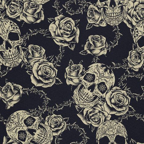 Tela Oxford decorativa para exteriores - motivo de calaveras y rosas con espinas 2 I DX647 (1/5)