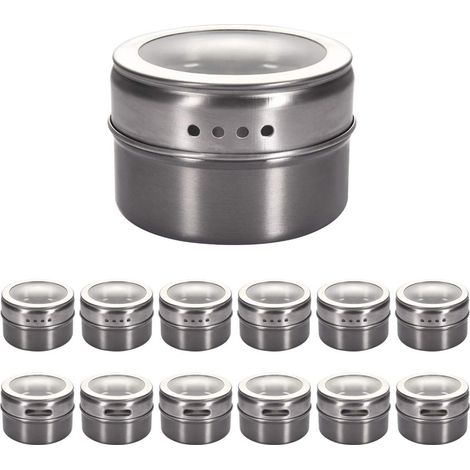 12 bocaux magnétiques pour épices, barre en acier inoxydable, étiquettes effaçables, support mural (1/5)