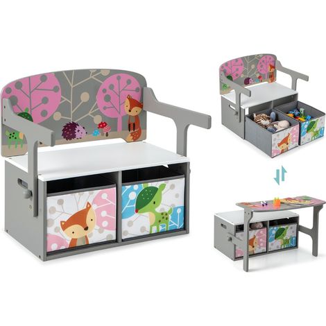 Panchina attività convertibile per bambini, Set tavolo e sedie per bambini con 2 cassetti in tessuto rimovibili Grigio (1/4)