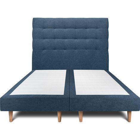Lit 200x200cm avec tête de lit capitonnée tissu et double sommier tapissier bleu - Hauteur totale : 29cm (1/5)