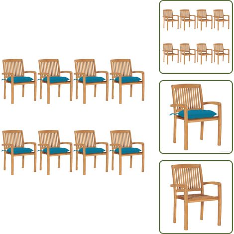 The Living Store Chaises de jardin empilables avec coussins lot de 8 Teck solide - Chaise de salle à manger (1/5)