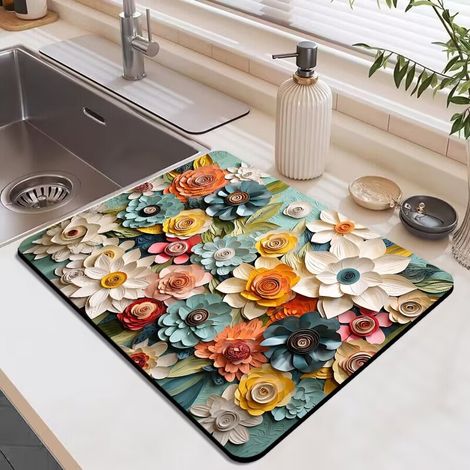 Alfombrilla de secado 3D para encimeras de cocina, alfombrilla de drenaje floral amarilla, alfombrilla de cubiertos floral para primavera/verano, alfombrilla de drenaje de microfibra absorbente (1/2)