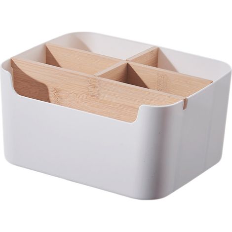 BRAVIX Organiseur de bureau à 5 compartiments en bambou avec porte-stylos, porte-stylos, boîte de rangement pour stylos, cosmétiques, petits objets, blanc