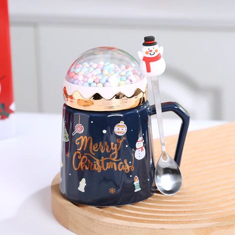 Mug de Noël (bleu) avec couvercle et cuillère en céramique créative, parfait pour le café et le lait. (1/5)