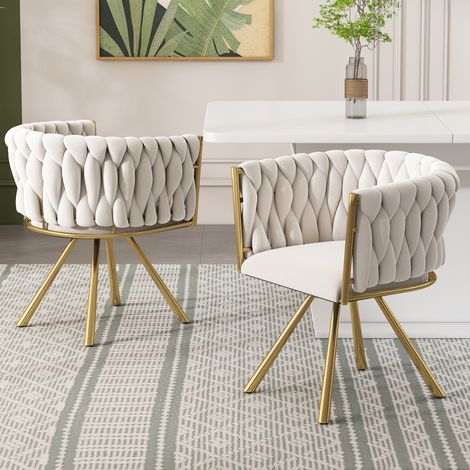 Lot de 2 Chaises de Salle à Manger Pivotantes 360° Velours Beige et Pieds Métal Dorés Dossier Ergonomique (1/5)