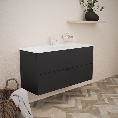 Inda - Badezimmerschrank B.120 mit glänzendem/mattem schwarzem Waschbecken 2 Schubladen - Topazio (1/5)
