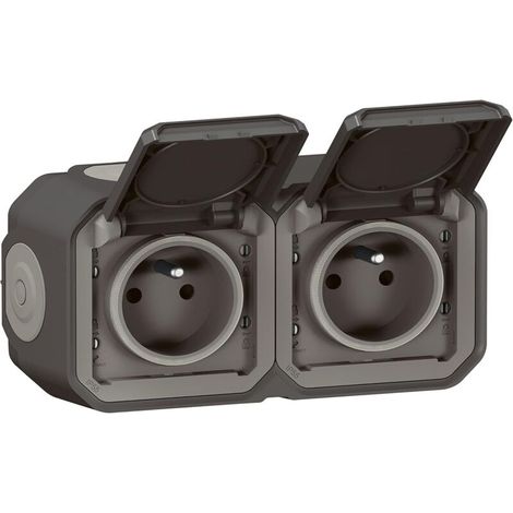 Prise Etanche Double IP55 avec Terre Plexo - Prise 2P+T 16A Complète avec Volet - Pour Pose en Apparent - Montage Horizontal - Anthracite (1/4)