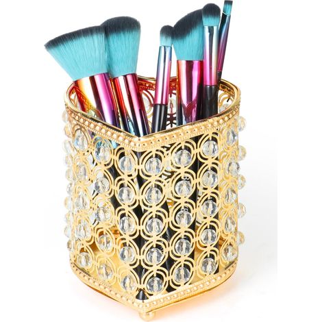Porte-pinceaux cristal fait main, rangement maquillage pailleté doré, boîte à crayons étui organisateur pour pinceaux cosmétiques, décoration coiffeuse accessoire pour femme. (1/5)