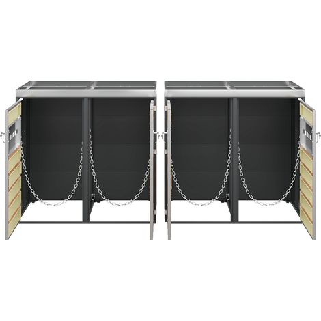 Coffre de rangement extérieur pour poubelles 4 compartiments avec jardinière, portes verrouillables et ventilation perforée, acier galvanisé aspect bois gris (1/5)