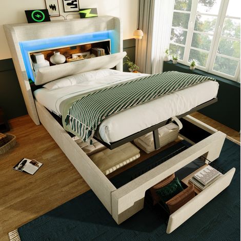 Bett mit Stauraum 90x200 cm, Leinen Beige, mit LED, USB/USB-C, Kopfteilfach, Schublade und Lattenrost (1/5)