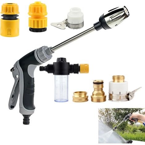 Pistola de agua a alta presión con potente chorro, manguera de jardín, caudal de agua regulable, adaptador para riego. (1/5)