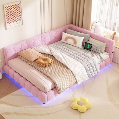 Lit 140x200 cm - Lit Double 140x200 - Lit Banquette avec Éclairage LED 16 Couleurs et Ports USB/Type-C - Bouclette Rose (1/5)