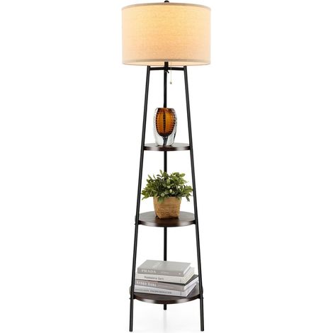Floor Lamp with Shelves, Linen Shade, E27 Socket (1/5)