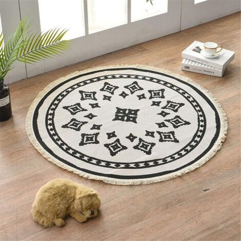 Tapis rond Mandala - En coton - Style bohème - Diamètre : 92 cm (A)-Ensoleillé (1/4)