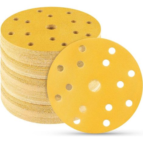 Lot de 100 disques abrasifs 150 mm Velcro 120 grains 15 trous pour ponceuse orbitale ronde aléatoire pour bois métal et peinture