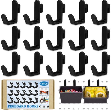 Lot de 15 crochets pour panneau perforé, crochets en forme de J, chevilles en plastique, accessoires noirs pour panneau perforé, pour ranger et organiser les accessoires d'outils, organisateur d'outil (1/5)
