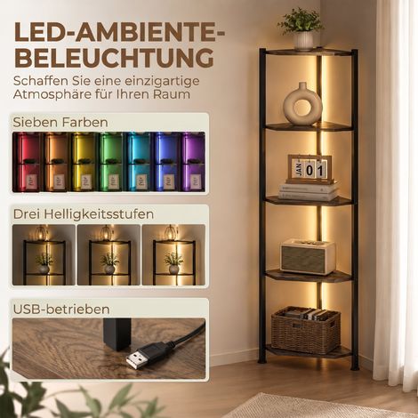5-stufiges LED-Eckregal für Wohnzimmer, Schlafzimmer, Büro, rustikales Braun. (1/5)