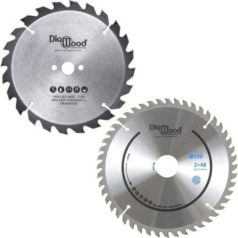 DIAMWOOD - Pack 2 Lames Scie Circulaire 190 mm - Al. 30 mm - Z24 Débit Bois Massif Charpente - Z48 Universelle Menuiserie Panneaux Contreplaqués (1/5)