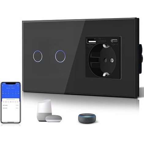 WiFi Touch Switch 2 Gang 1 Way Neutral Wire Required with Schuko (1/5)