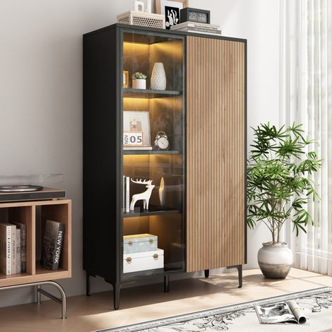 Vitrine noir et bois 90x40x135 cm avec 2 portes, 8 compartiments et éclairage led rgb (1/5)