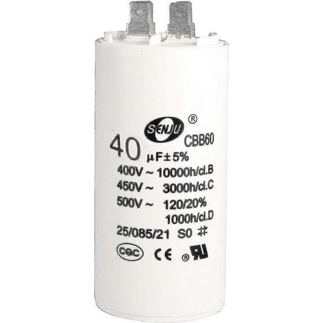 Condensateur 40 µF 450 V CA à double prise 50/60 Hz. cylindrique 94 x 45 mm. blanc. pour compresseur d'air. pompe à eau et moteur