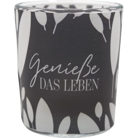 Photophore en Verre avec Motif sur Une Banderole Transparente, Design Noir et Blanc, avec 1 Bougie Chauffe-Plat, Hauteur 6,5 x 6 cm, Motif : Profitez de la Vie (1/3)