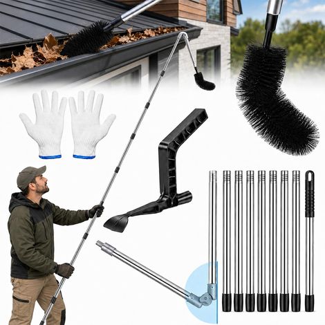 Outils de nettoyage de gouttière télescopiques de 4 m, équipement de nettoyage de gouttière réglable avec brosse et pelle, kit de nettoyage du sol pour feuilles, débris, toiles d'araignée (1/5)
