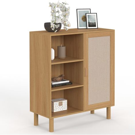 Beistellbuffet mit 3 Regalen und Schrank 70 cm ROBIN Aufbewahrungsmöbel aus Holz und Stoff mit Leineneffekt