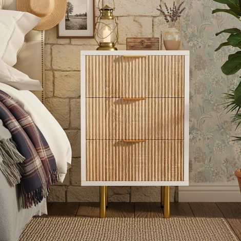 Lote de 2 mesitas de noche 40x40x65 cm, con 3 cajones, tiradores metálicos y patas, diseño de madera con rayas verticales, ideal para salón y dormitorio, color madera clara