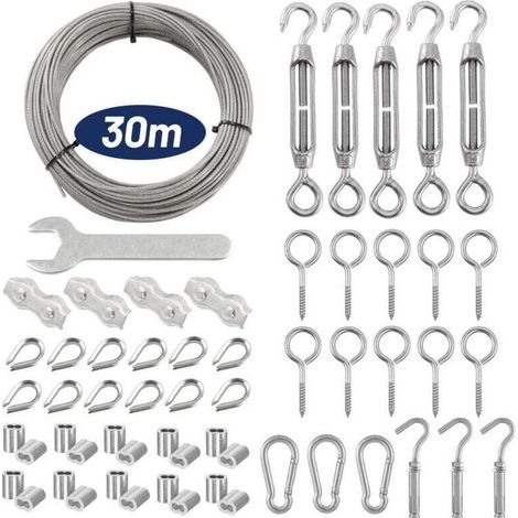 YMYNY Lot de 59 Corde Cable Acier Inoxydable de 30 m - Tendeur de câble en acier inoxydable 304 - Avec œillets - Tuteurs pour plantes grimpantes, cordes à linge, lumières suspendues (1/4)