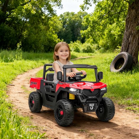 Elektrisches Kinderauto (UTV, 12 V) mit Kofferraum, 2 Motoren, 3-Punkt-Gurt, Fernbedienung, Federung, USB-Anschluss, Musik, Beleuchtung, 1,8–3,7 km/h, 3–8 Jahre, Rot
