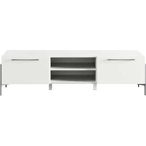Meuble TV 2 portes laqué blanc pieds et poignées métal anthracite - CARAT