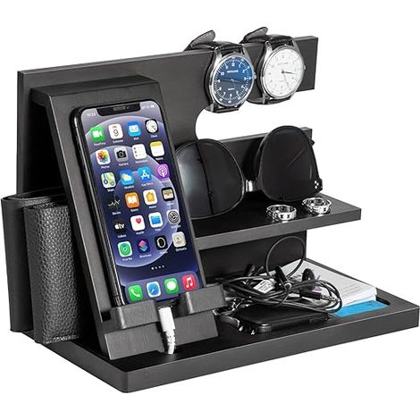 Station accueil bois téléphone clés montre, organisateur bureau élégant (1/5)