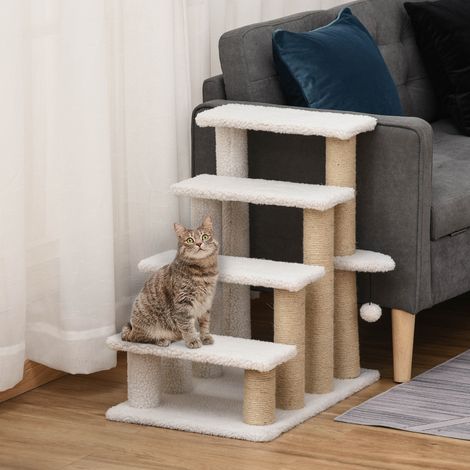 CHICFURN Scala per animali con tiragraffi 4 gradini 60x40x64 cm bianco in legno e peluche (1/5)