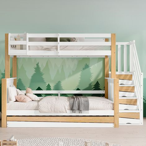 Letto a castello per bambini con letto estraibile, 3 posti, bianco e naturale HAVRYA (1/5)