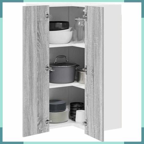 Cabinet d'angle suspendu - 884375 - Gris sonoma et blanc - 57 x 57 x 100 cm - Bois d'ingénierie, 2 portes (1/5)