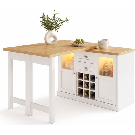 Mesa de Comedor Extensible con 2 Cajones, 2 Armarios, Botellero para 9 Botellas y LED, MDF, 120-197 x 40 x 72 cm, Blanca (1/5)