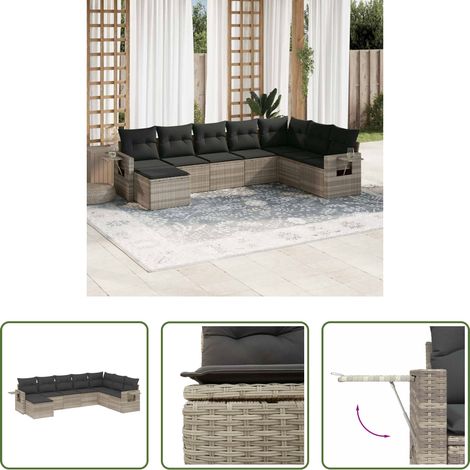 vidaXL Meubles extérieurs -  Salon de jardin 8 pcs avec coussins gris clair résine tressée (1/5)