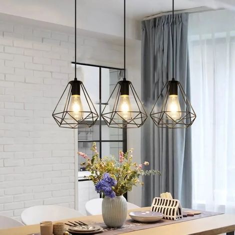 Suspension Industrielle Vintage Cage Dimant, Lampe de Plafond Barre 3 Luminaire Métal Lustre Abat-Jour E27 Noir (1/5)