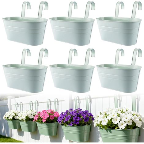Lot de 6 pots de fleurs suspendus en métal, 28 cm, pots de fleurs à suspendre, avec crochet amovible, pour balcon, clôture, jardin, vert (1/5)