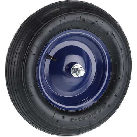 Relaxdays Schubkarrenrad 4.80 4.00-8, luftbereift, Stahlfelge, mit Achse, Ersatzrad Schubkarre, bis 120 kg, schwarz/blau