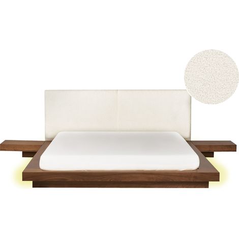 Cama moderna 160 x 200 cm con plataforma con LED mesitas de noche cabecero de bouclé MDF madera de fresno marrón Zen