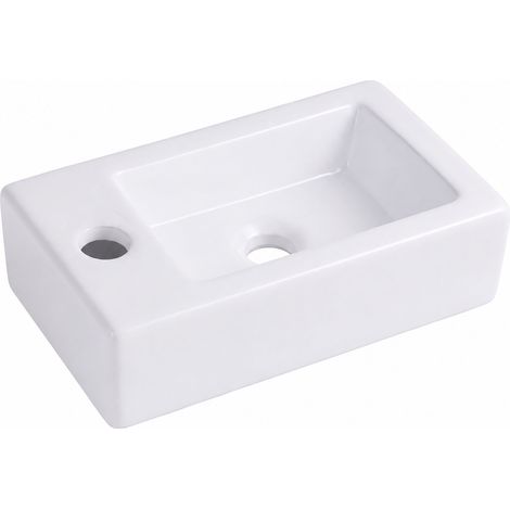 Relaxdays wall basin, HxWxD: 10 x 37 x 18 cm, right-hand tap hole, no overflow, ceramic, lotus effect, white (1/5)