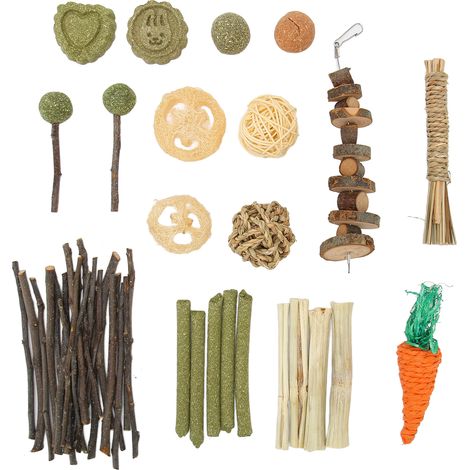 Set mit Kauspielzeug für Kaninchen: Naturschnur, Rattanball, Graskuchen, Luffascheiben, süßer Bambus, Kauspielzeug für Hamster. (1/5)
