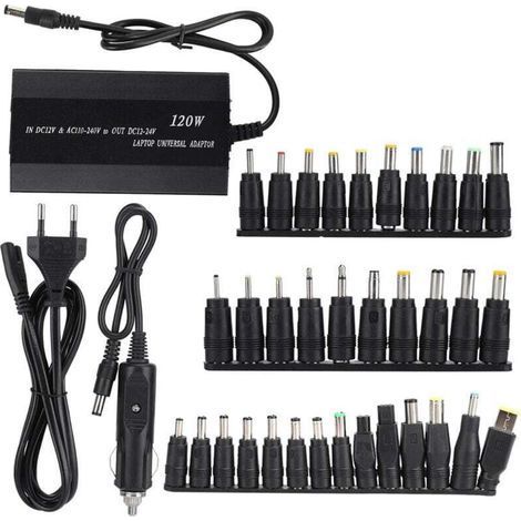 pair Adaptateur secteur universel pour ordinateur portable 90 W à usage domestique/voiture avec 34 connecteurs CC (110-240 V) (prise UE) (1/4)
