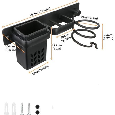 Porte Sèche Cheveux, Support Seche Cheveux et Lisseur, Support de Lisseur Aluminium, Support Mural pour Organisateur de sèche-Cheveux pour hôtel de Chambre à Coucher de Salle de Bain (Noir) (1/5)