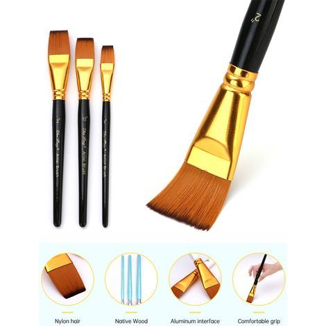 Ensemble de 3 pinceaux plats pour peinture à l'aquarelle et à la gouache, poils en nylon, manche court en bois, cadeau pour débutant, étudiant, artiste, kits de dessin, fournitures artistiques (1/5)